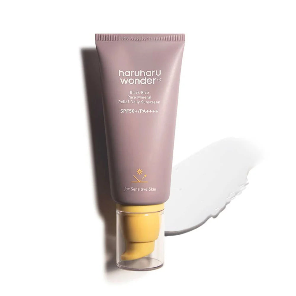 A tube of Haruharu Wonder Black Rice Pure Mineral Relief Daily Sunscreen with an airless pump, alongside a swatch showing the sunscreen's texture.
