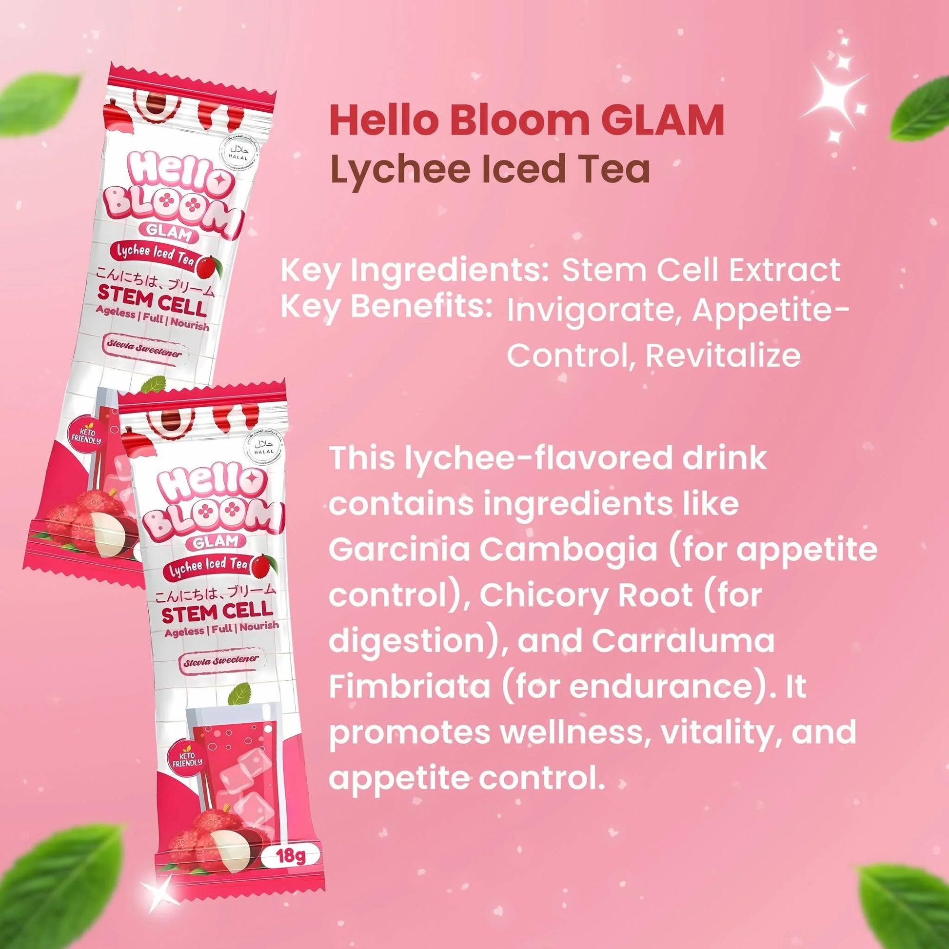 Hello Bloom GLAM Lychee Iced Tea packaging with product details on a pink background