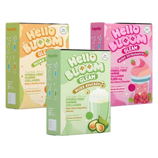 Three boxes of 'Hello Bloom' products on a white background