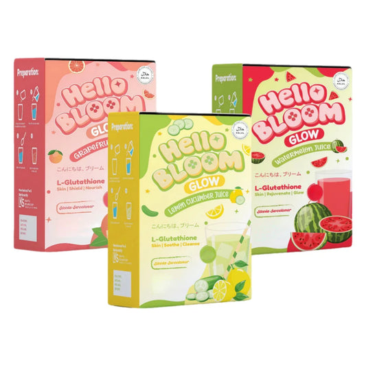 Four boxes of 'Hello Bloom Glow' with different fruit flavors on a white background