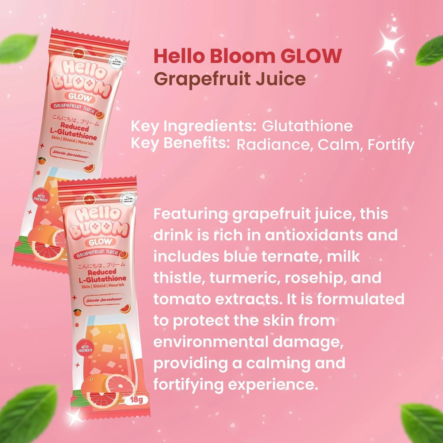 Hello Bloom GLOW Grapefruit Juice packaging on a pink background with text about ingredients and benefits.