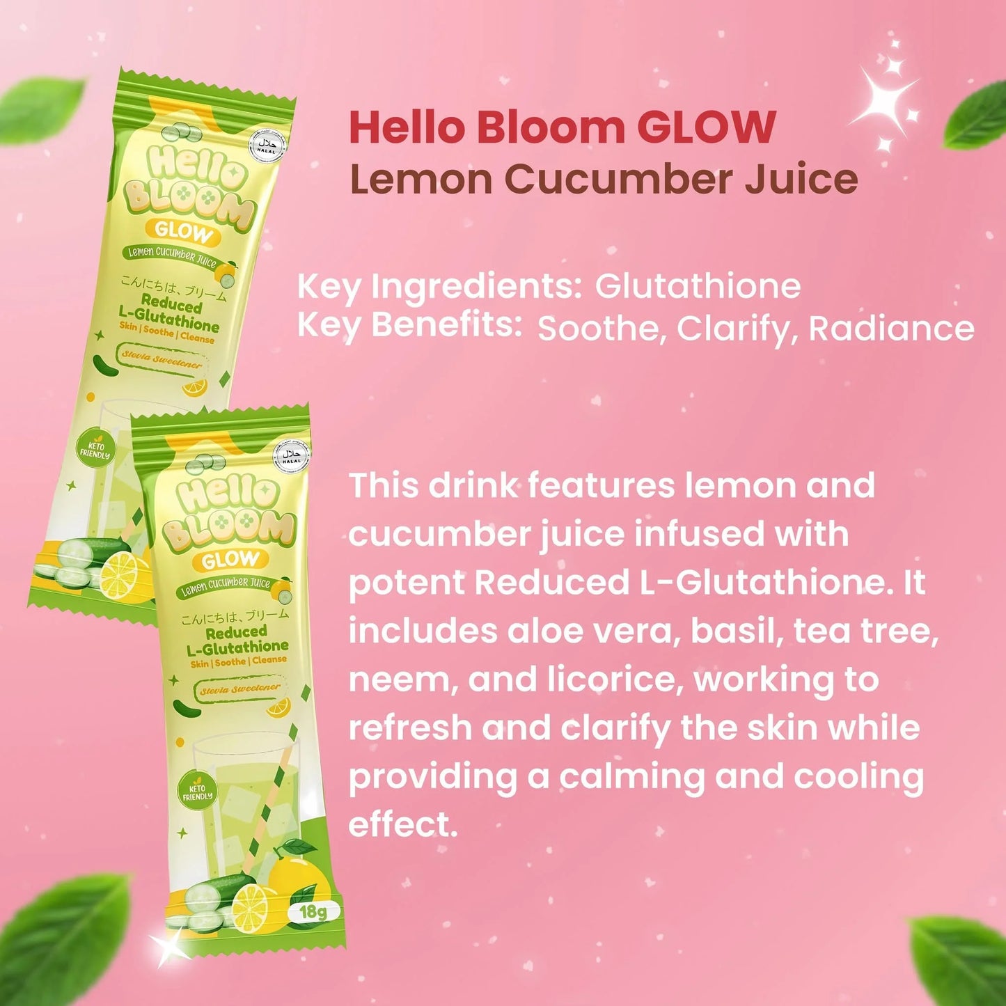 Two packages of 'Hello Bloom GLOW' Lemon Cucumber Juice on a pink background with text about ingredients and benefits.