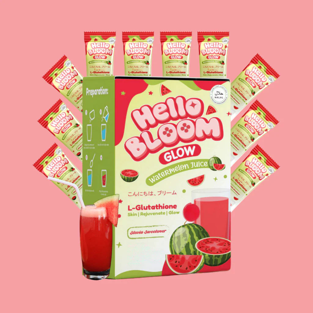 Hello Bloom Watermelon Juice packaging with multiple packets on a pink background