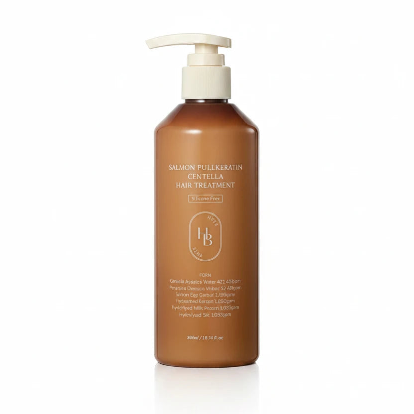A 300ml pump bottle of HB City Salmon Pullkeratin Gentella Hair Treatment in a translucent amber-brown bottle with a cream-colored pump dispenser, shown on a plain white background.