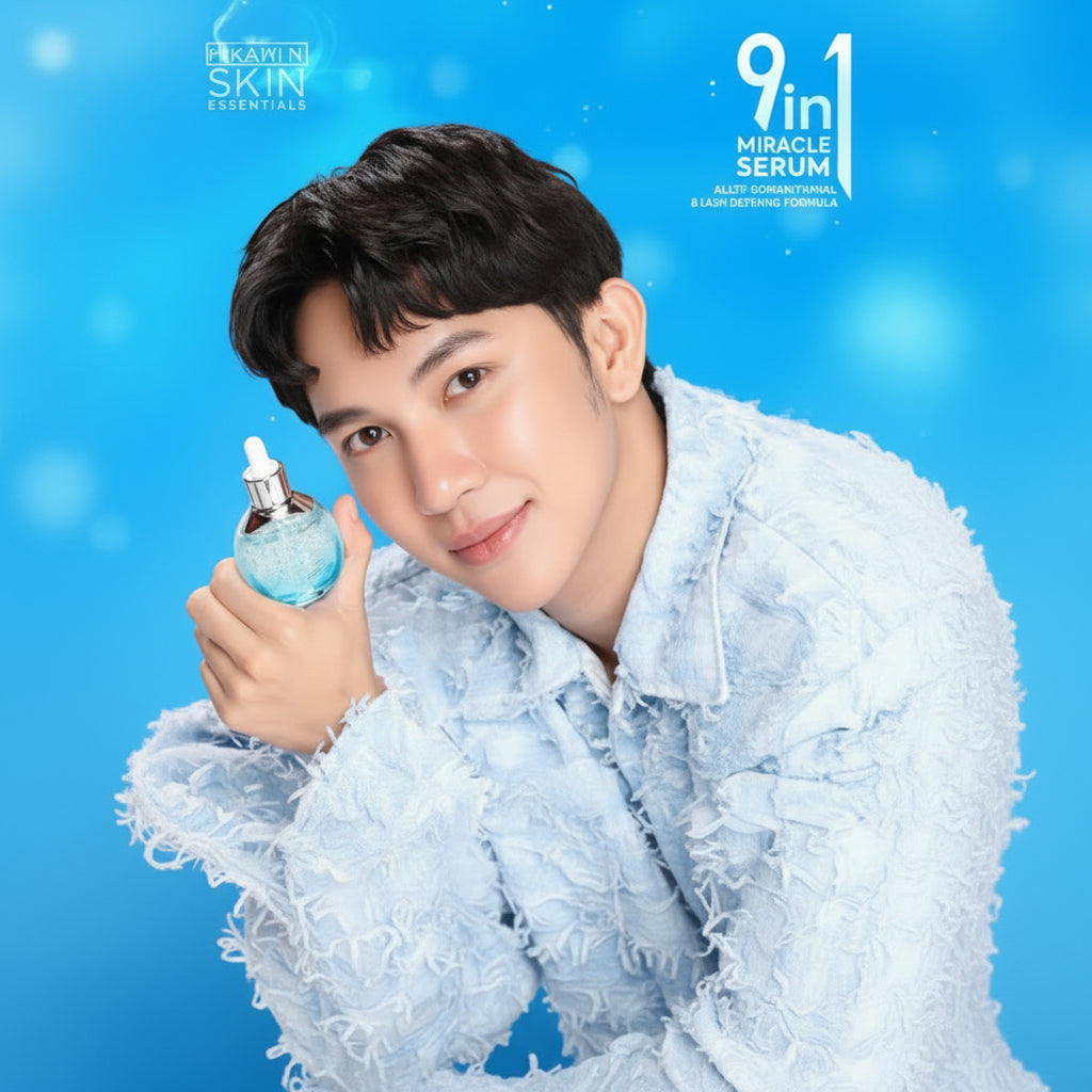 Person holding a bottle of '9in1 Miracle Serum' with a blue and white design.