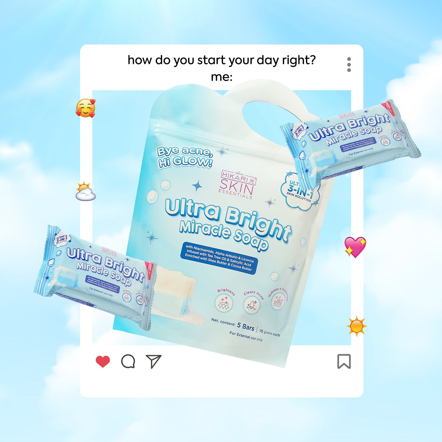 Ultra Bright Miracle Soap packaging with promotional text on a blue sky background