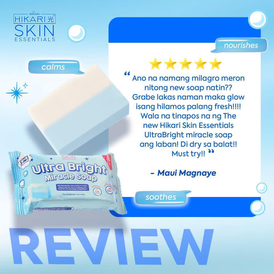 Hikari Skin Essentials Ultra Bright Miracle Soap with product packaging and customer review on a light blue background.