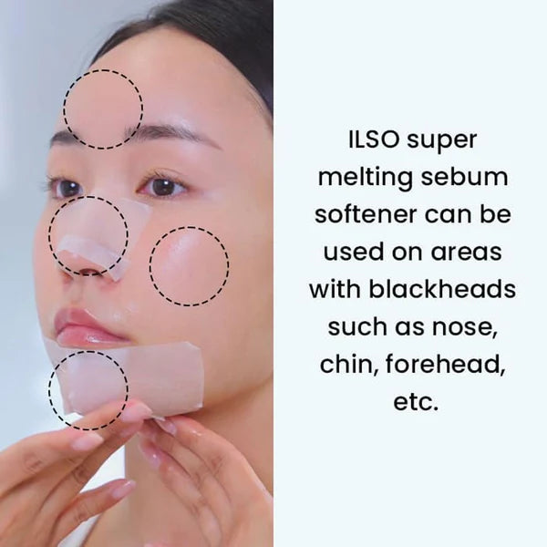 Person applying a face mask with text about using a sebum softener on blackhead-prone areas.
