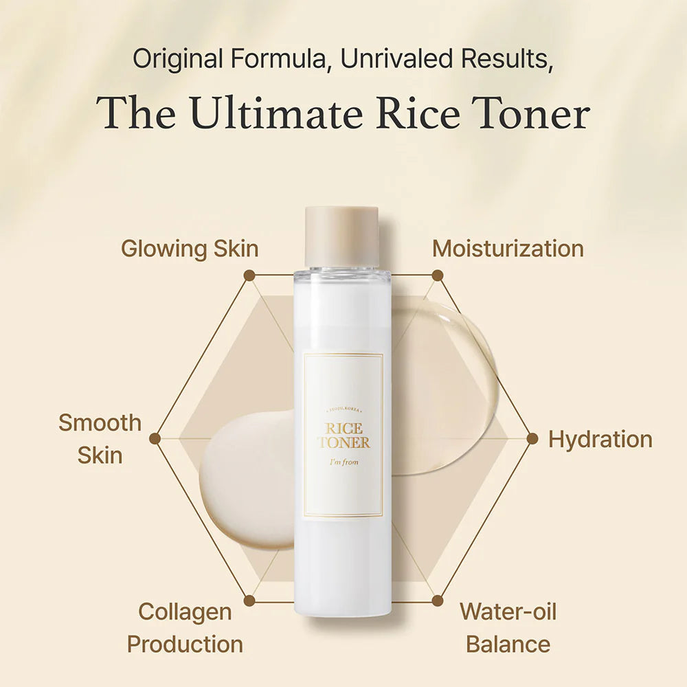 Rice toner bottle with benefits on a beige background