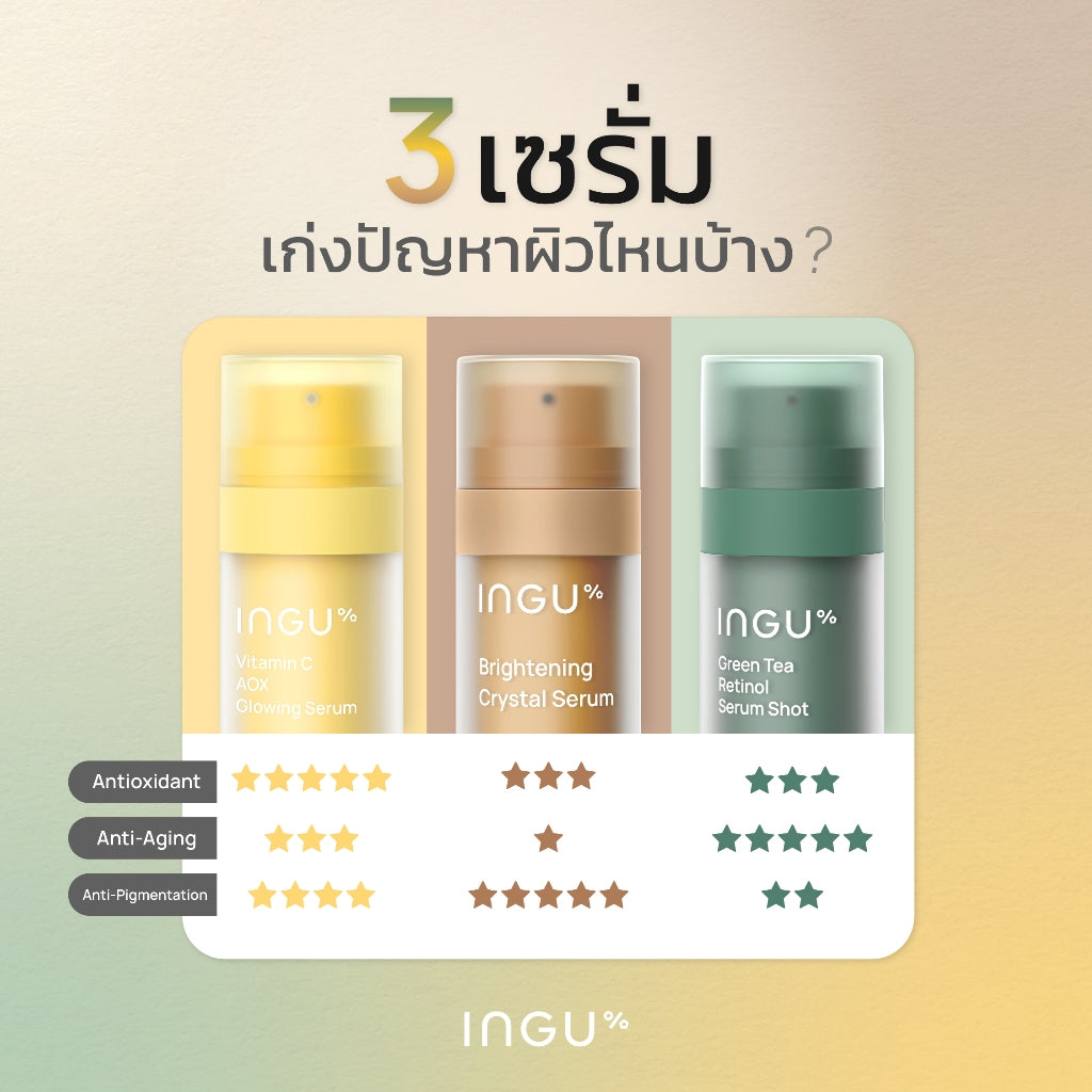 Three skincare serum bottles with INGU branding on a beige background