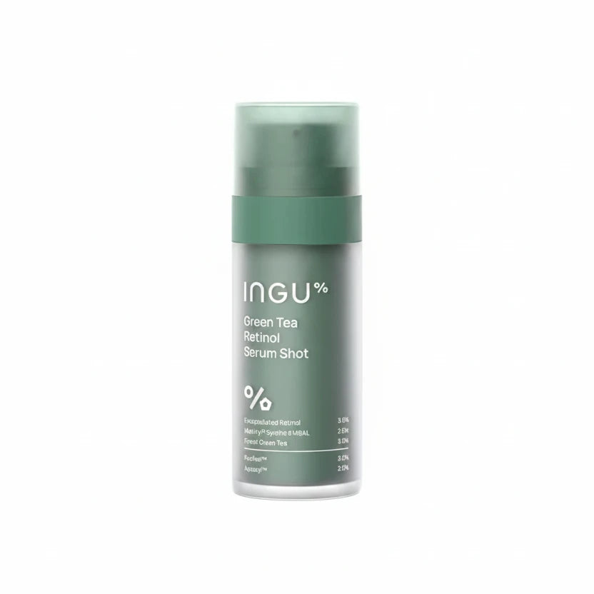 Green tea retinol serum shot with INGU branding on a white background