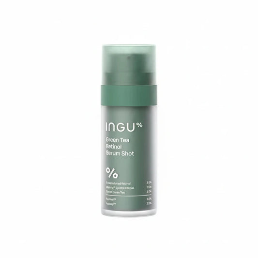 Green tea retinol serum shot with INGU branding on a white background