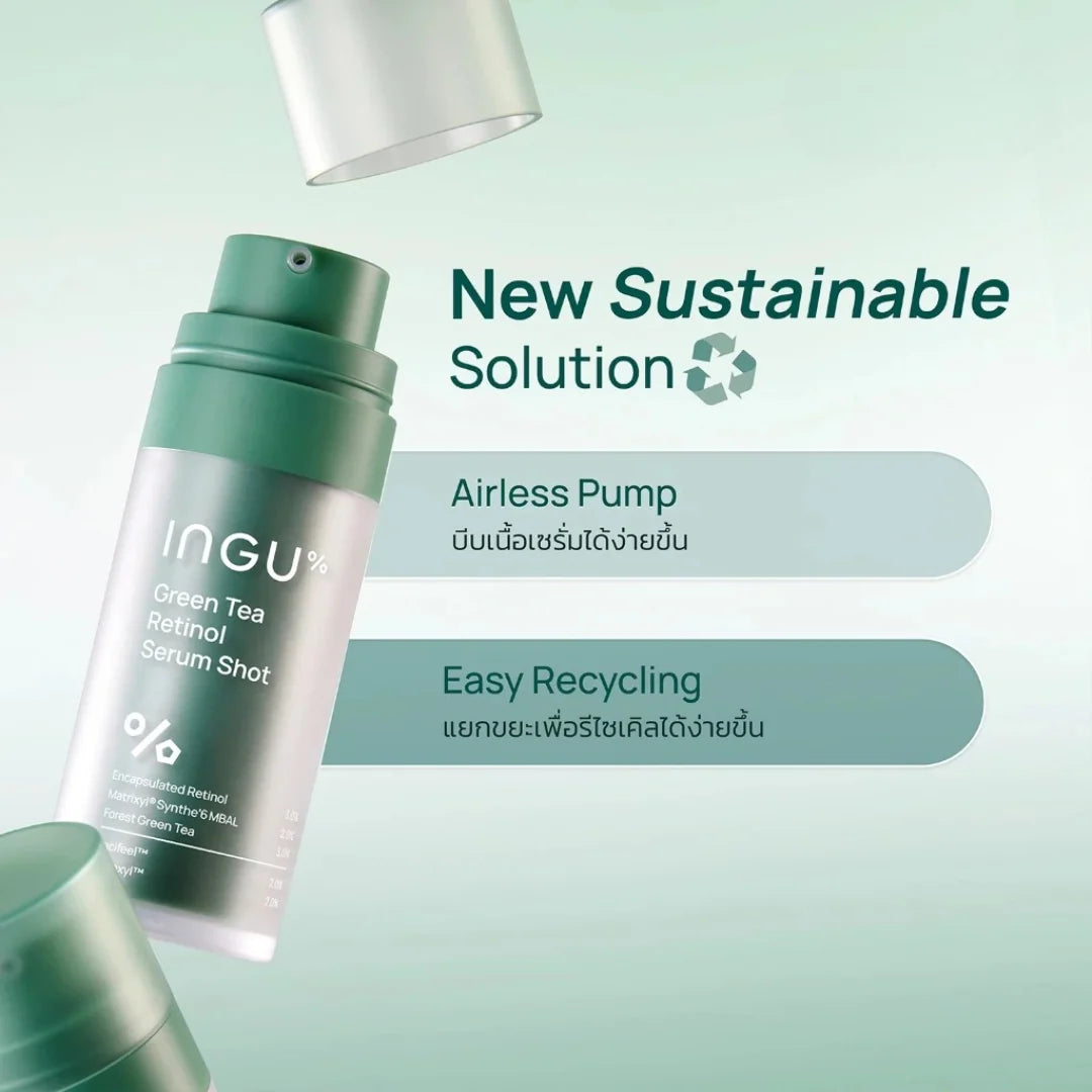 INGU Green Tea Retinol Serum Shot with airless pump and recycling icons on a light green background