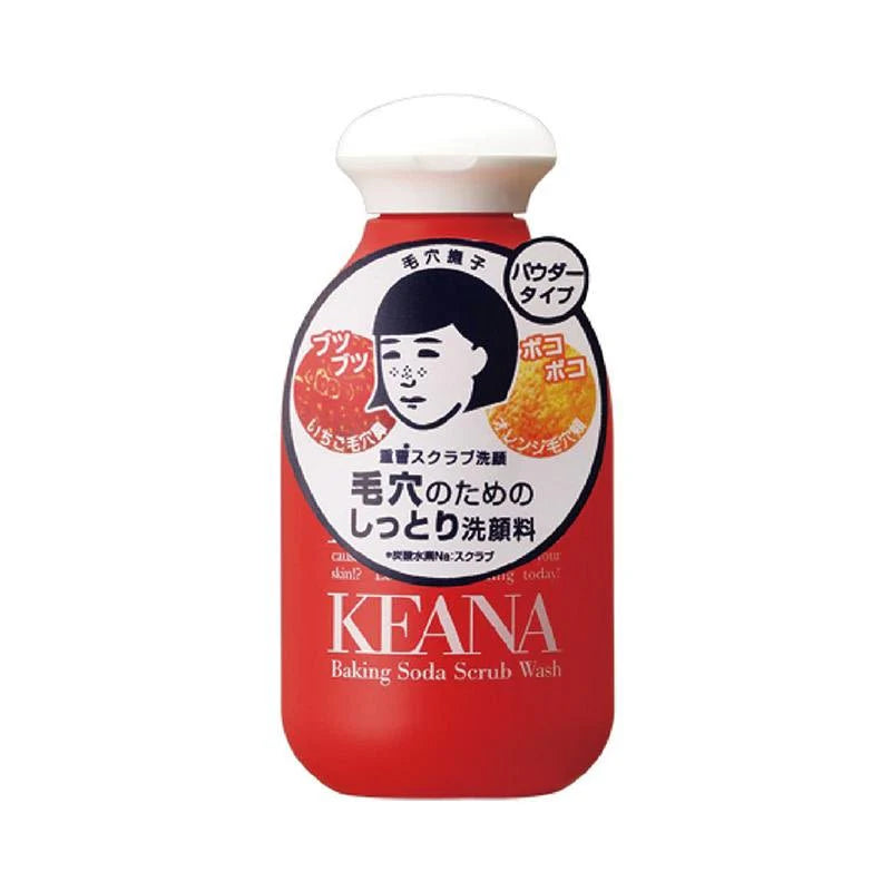 Red bottle of KEANA Baking Soda Scrub Wash with a white cap on a white background