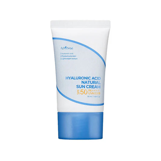 Tube of Hyaluronic Acid Natural Sun Cream with blue and white design on a white background