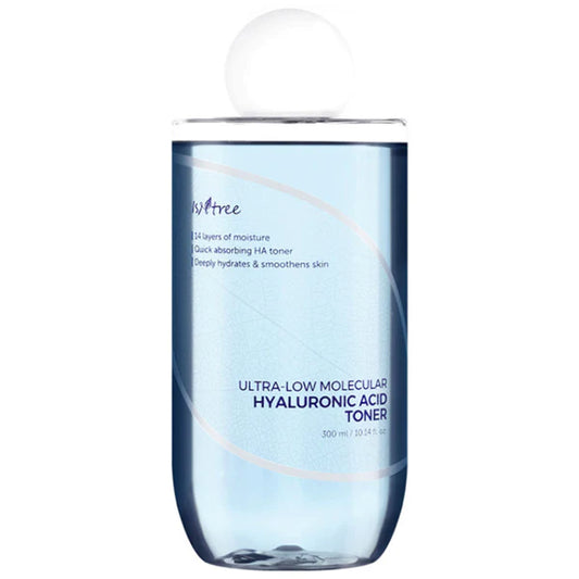 A clear bottle with a white pump dispenser containing a blue-toned liquid, labeled as Ultra-Low Molecular Hyaluronic Acid Toner.