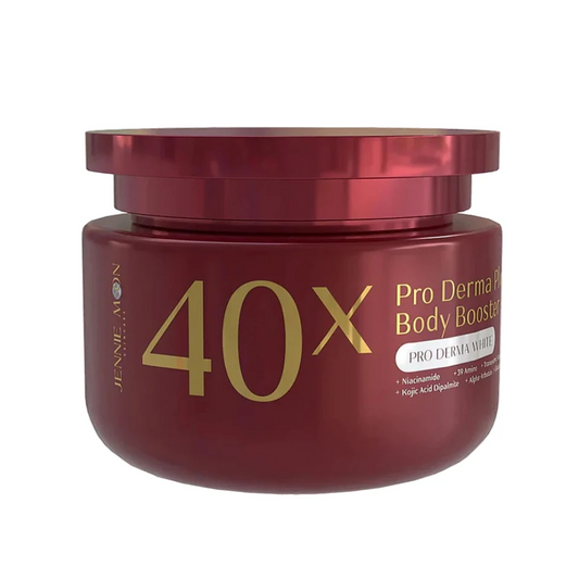 Red jar with gold text on a white background JENNIE MOON 40x Pro Derma Plus Body Booster Dewy Demure Australia
