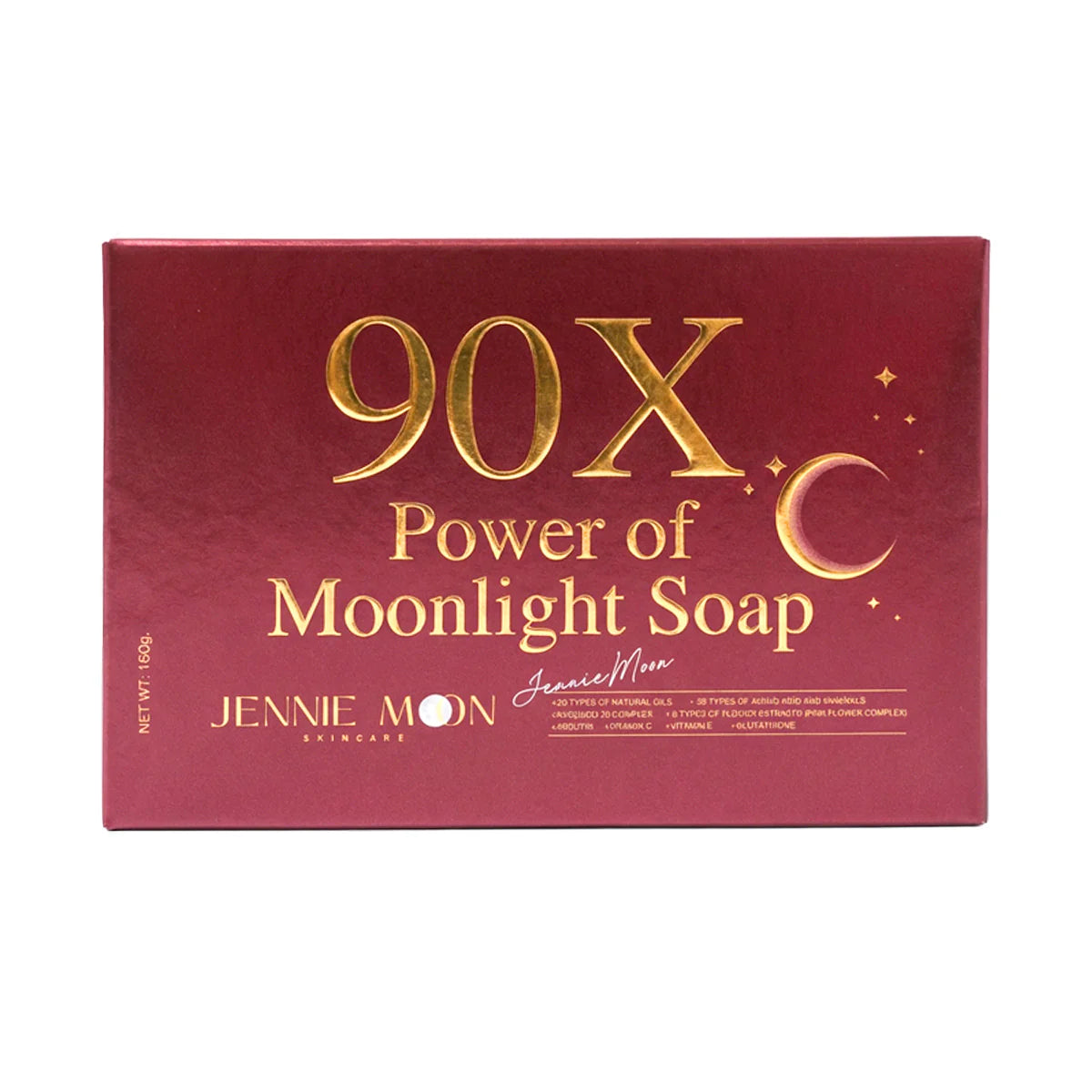Red box of '90X Power of Moonlight Soap' by Jennie Moon on a white background