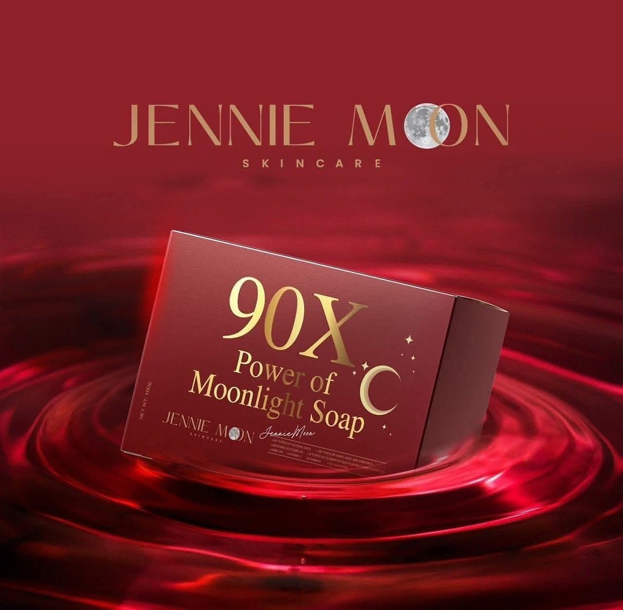 Jennie Moon skincare product packaging with '90X Power of Moonlight Soap' on a red background