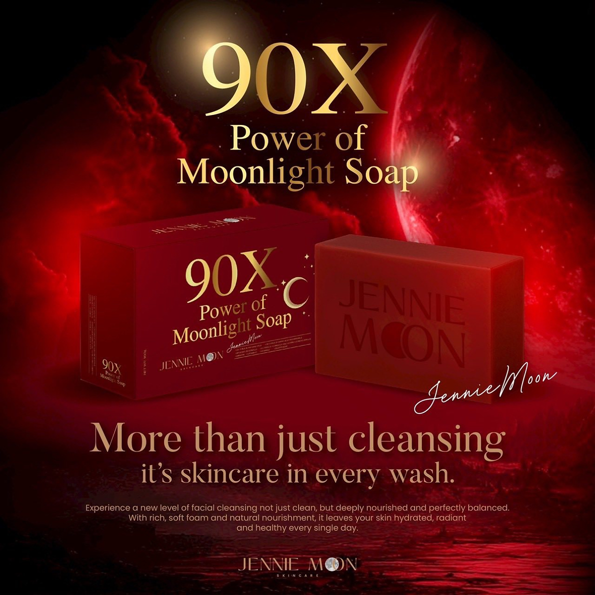 Jennie Moon 90X Power of Moonlight Soap packaging on a red background