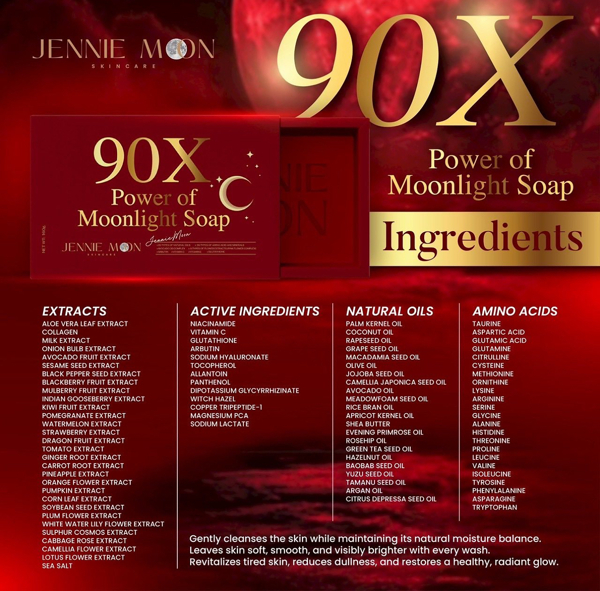 Product packaging with '90X Power of Moonlight Soap' and list of ingredients on a red background.