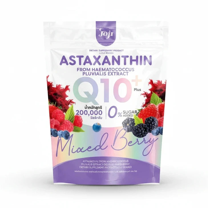 Package of Astaxanthin with Q10 and Mixed Berry flavor on a white background