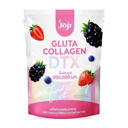 Package of Joji Gluta Collagen DTX with berries on a white background
