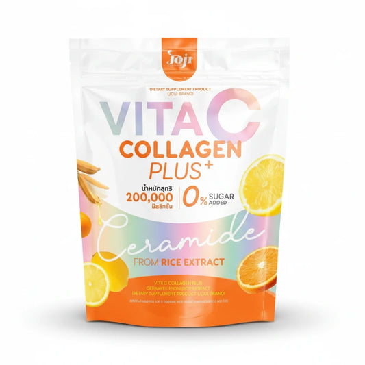 Package of Vita C Collagen Plus with colorful design and text on a white background