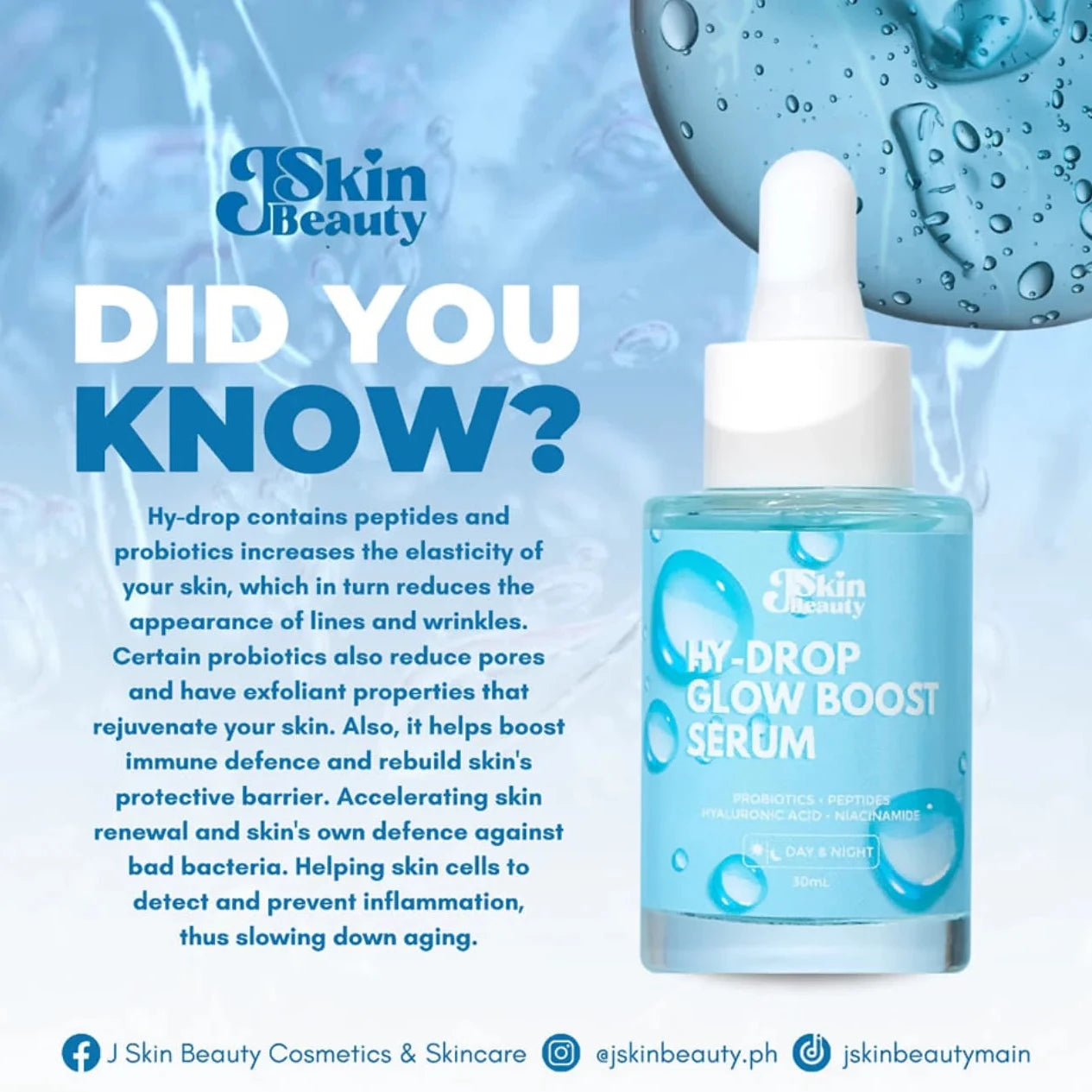 J Skin Beauty serum bottle with dropper on a blue background