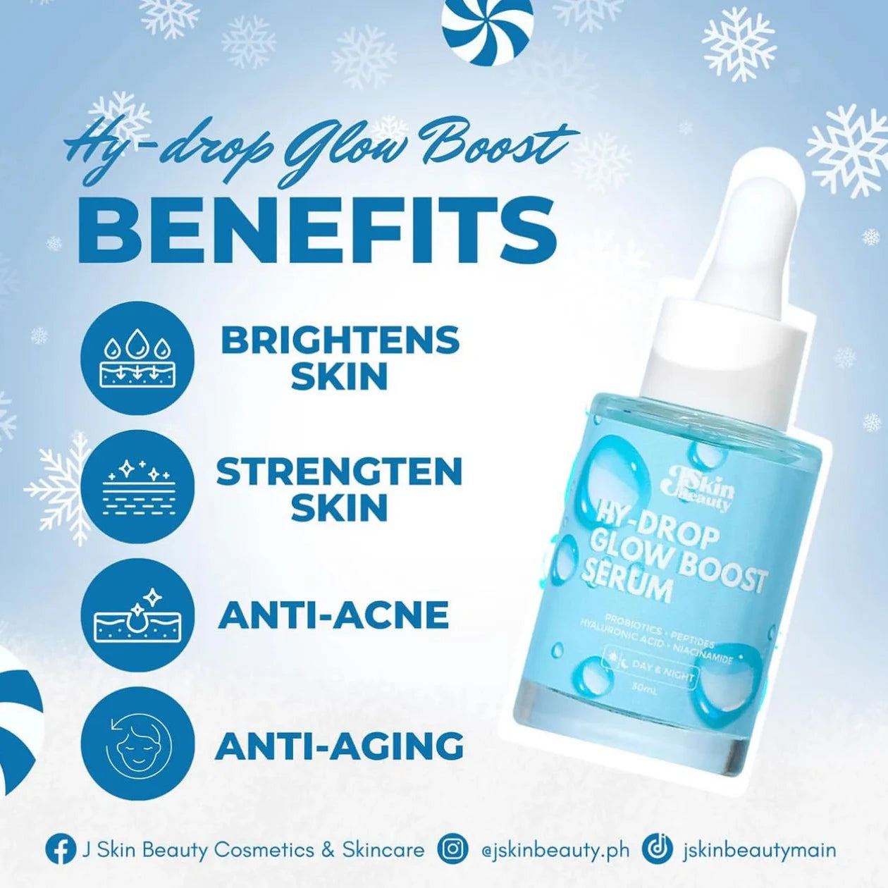 EJSkin Beauty Hy-Drop Glow Boost Serum with benefits listed on a blue background with snowflakes.