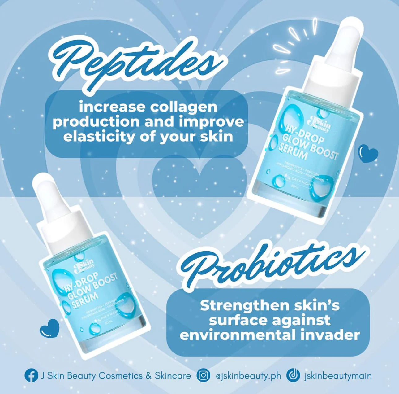 EJSkin Beauty Serum bottles with text about peptides and probiotics on a blue background