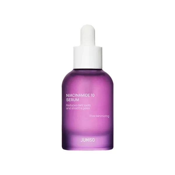 Purple serum bottle with dropper labeled 'Niacinamide 10 Serum' by Jumiso on a white background