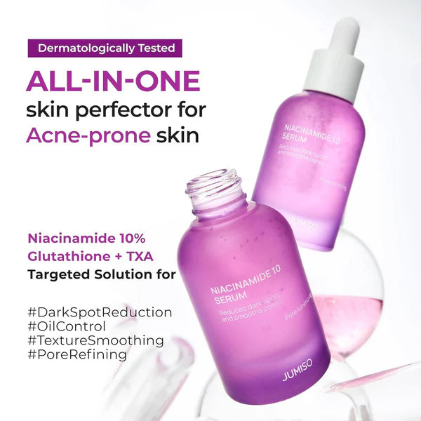 Two purple skincare serum bottles with text highlighting their benefits for acne-prone skin.