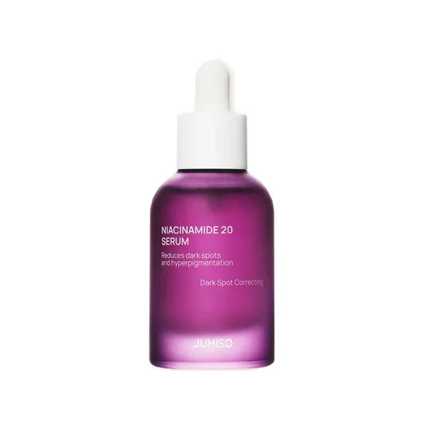 Purple serum bottle with dropper labeled 'Niacinamide 20 Serum' on a white background