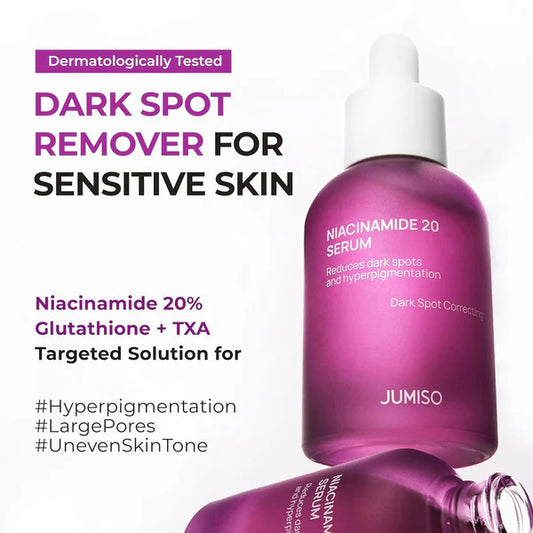 Jumiso Niacinamide 20% Serum bottle with text about dark spot remover for sensitive skin on a white background