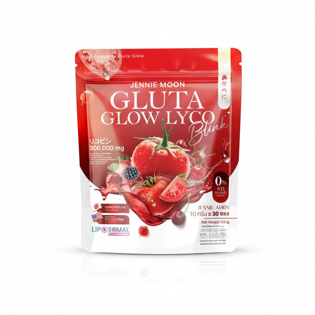Jennie Moon Gluta Glow Lyco package on a red background with text about product benefits.