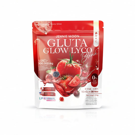 Jennie Moon Gluta Glow Lyco package on a red background with text about product benefits.