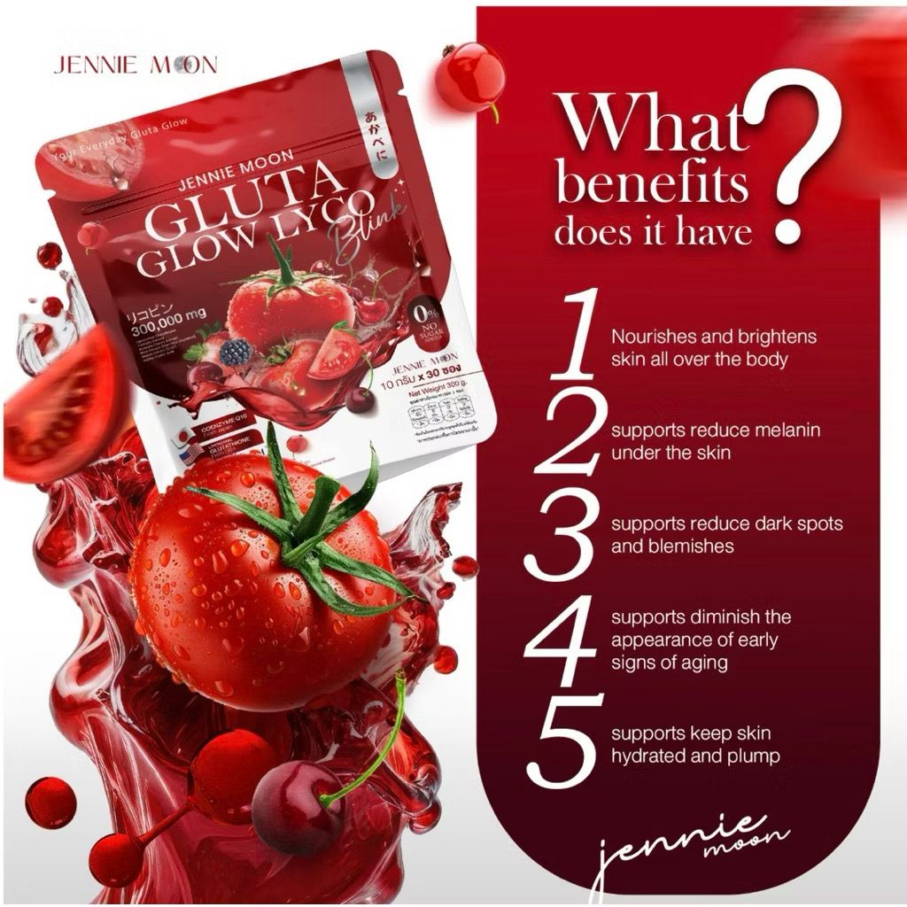 Jennie Moon Gluta Glow Lyco product packaging with tomato and cherry graphics on a red background.