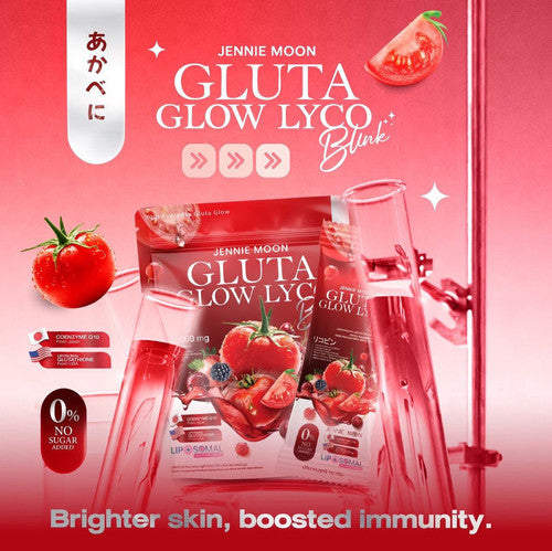 Jennie Moon Gluta Glow Lyco product packaging with tomatoes on a red background
