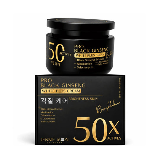 Jennie Moon Pro Black Ginseng White Plus Cream 50% active jar and its matching black and gold retail box, displayed on a clean white background.