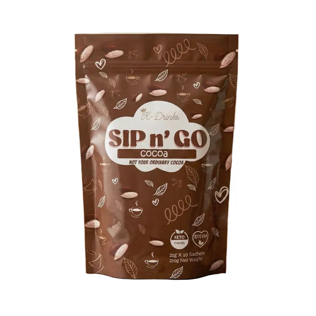 Brown packaging of Sip n' Go cocoa with decorative elements on a white background
