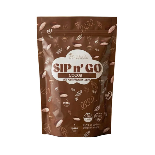Brown packaging of Sip n' Go cocoa with decorative elements on a white background
