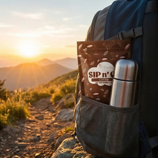 Person with a backpack containing a 'Sip n' Cocoa' package and thermos in a mountainous landscape at sunset.