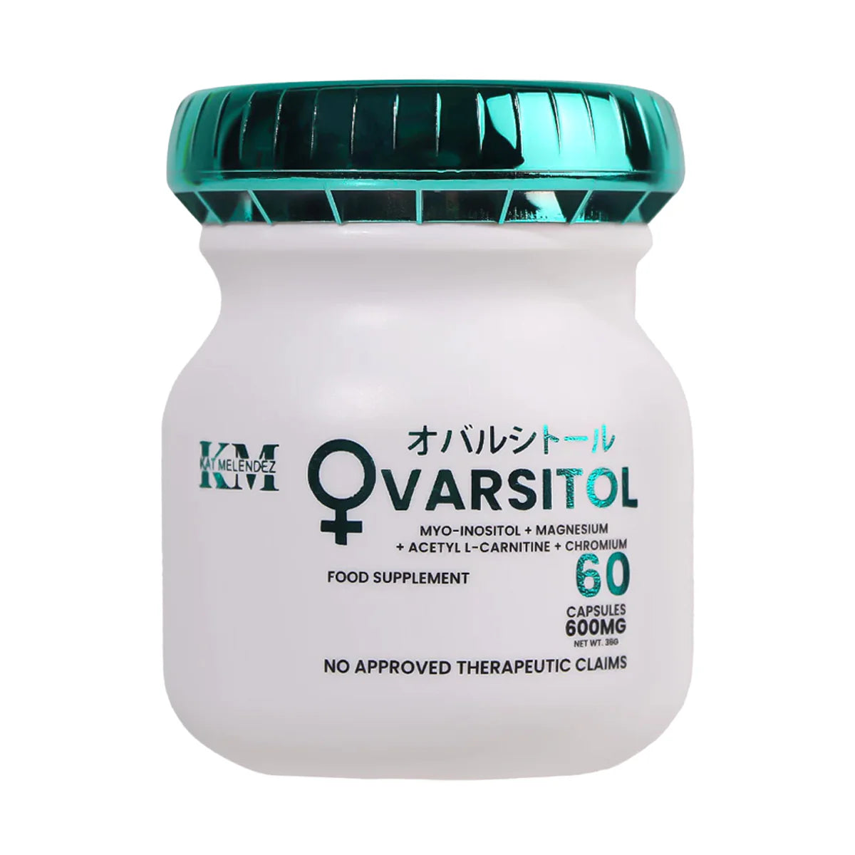 White supplement jar with green lid labeled 'Varsitol' on a white background