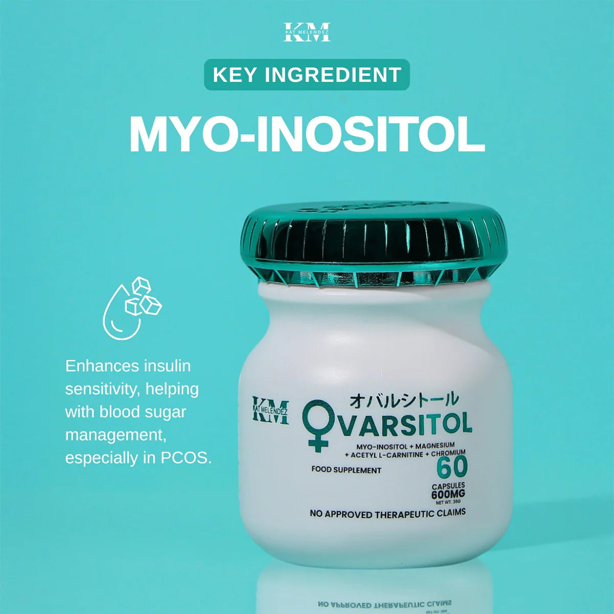 Vcapsule food supplement bottle with green cap on a teal background, highlighting MYO-INOSITOL.