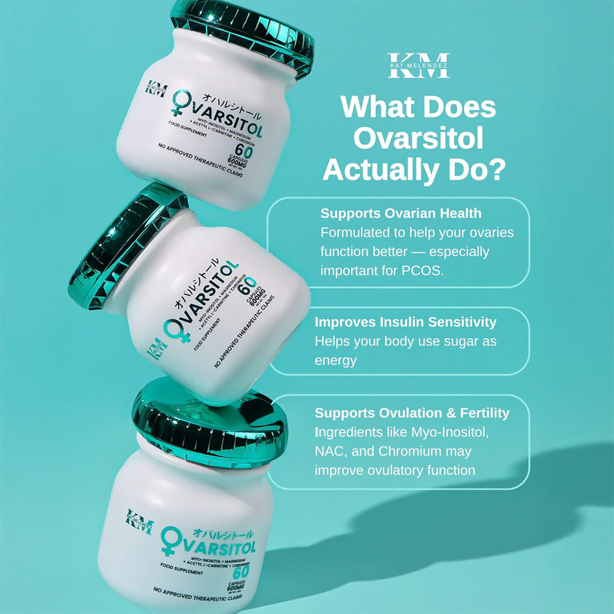 Three bottles of Ovarsitol with text on a teal background