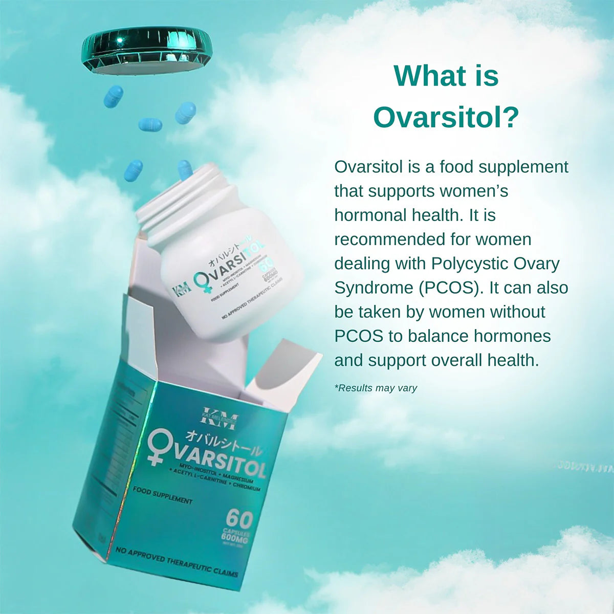 KGM Varsitol supplement packaging with text about hormonal health and PCOS on a cloudy sky background