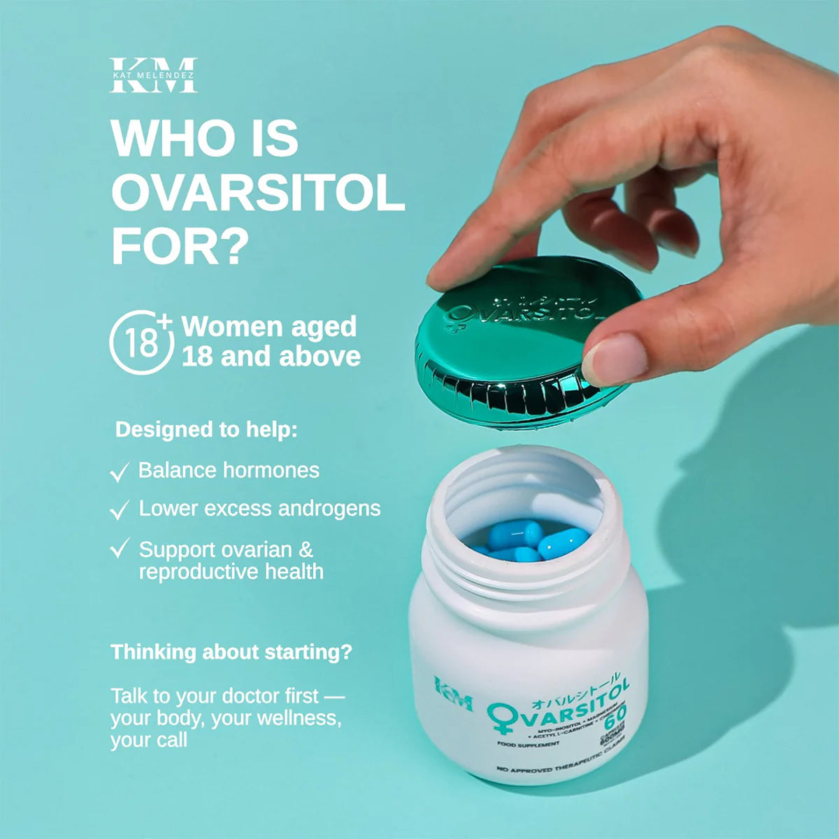 Ovarsitol supplement bottle with blue capsules on a light blue background, featuring K&M branding.
