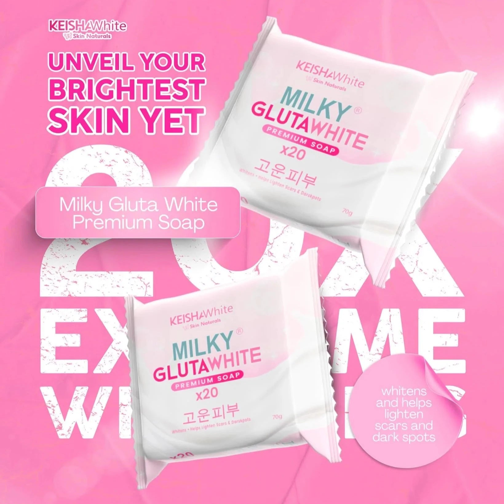 Milky Gluta White Premium Soap packaging on a pink background with promotional text.