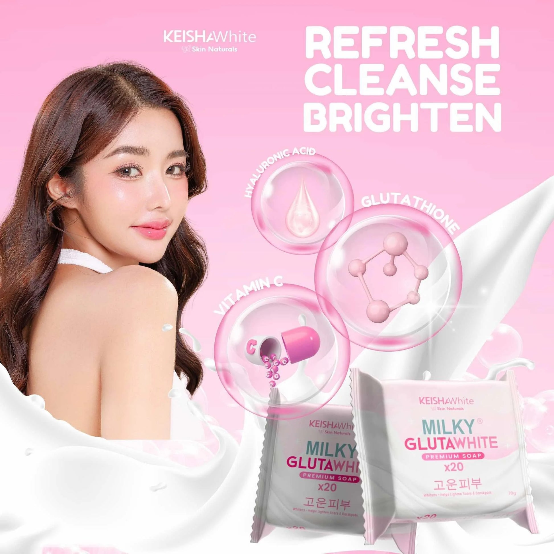Keisha White skincare product advertisement with a woman and packaging on a pink background